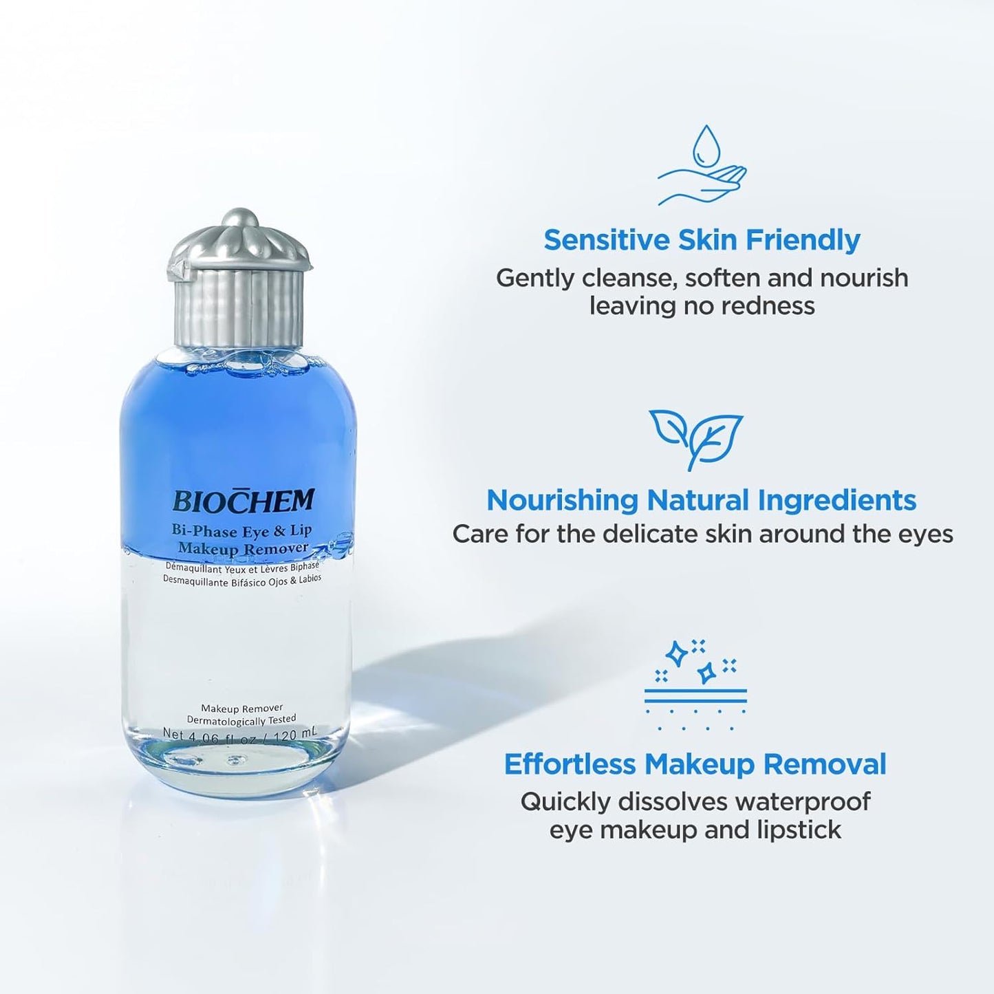 BIOCHEM Bi-Phase Eye & Lip Heavy Makeup Remover, Waterproof Mascara Remover, Gentle Cleanser liquid for Makeup with Natural Ingredients for Sensitive, Normal Skin Types (4.06 fl. oz / 120 ml)