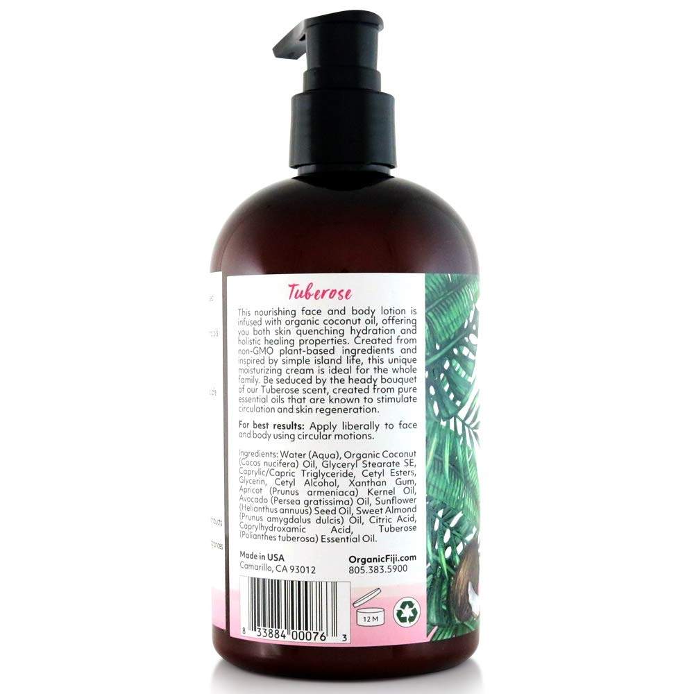 Coco Fiji Face & Body Lotion Infused With Coconut Oil | Lotion for Dry Skin | Moisturizer Face Cream & Massage Lotion for Women & Men | Tuberose 12 oz, Pack of 1