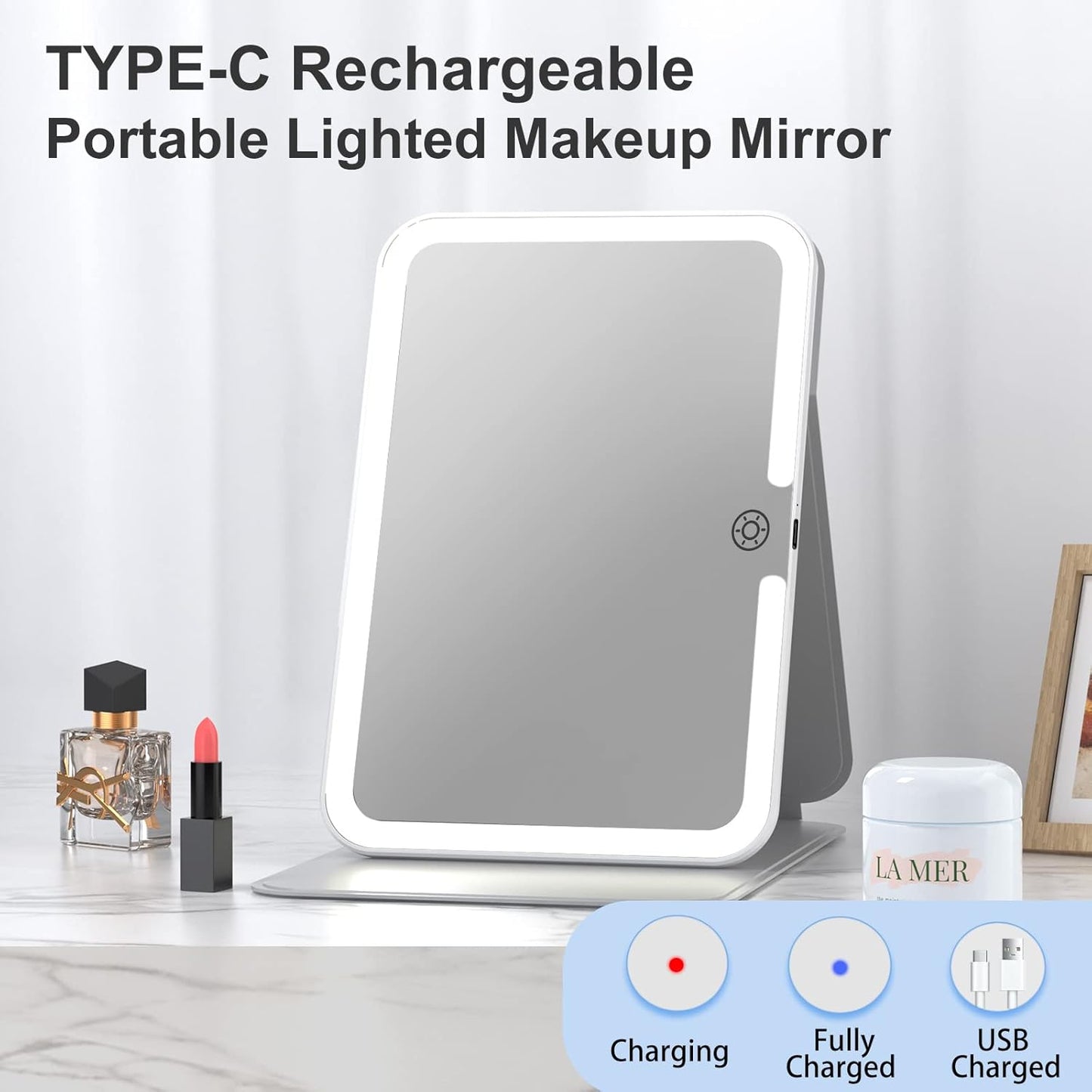 Rechargeable Travel Lighted Makeup Mirror with PU Leather Cover, Portable Travel Makeup Mirror with Lights, 3 Color Lighting,Touch Sensor Dimmable, Light Up Tabletop Folding Cosmetic Mirror Colorful