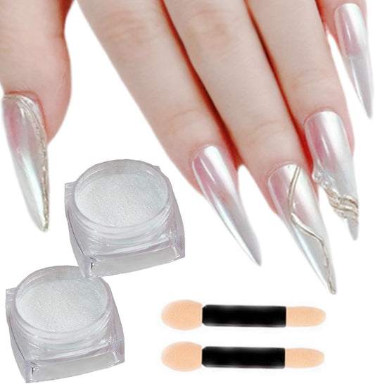 2 Pcs White Iridescent Nails Powder Aurora Chrome Powder for Nails,Mermaid Chrome Nail Pearl Powder Chameleon Chrome Nail Powder Manicure Pigment(2 Pcs Moonlight) | alldaygood beauty