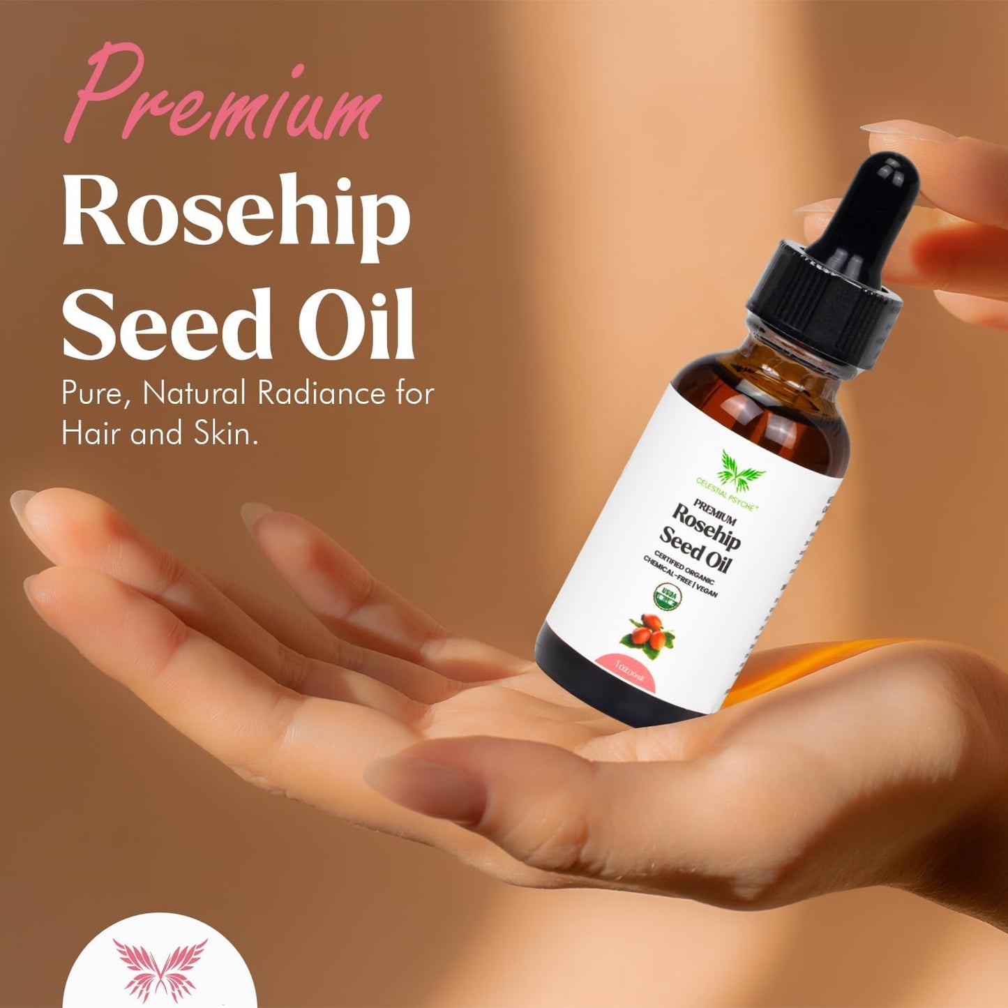 USDA Certified Organic Rosehip Seed Oil (1 Oz) 100% Pure Natural, Chemical-Free, Hair Moisturizer, Skin Hydration, Natural Beauty, Anti-Aging, Wrinkles Reduction, Antioxidants
