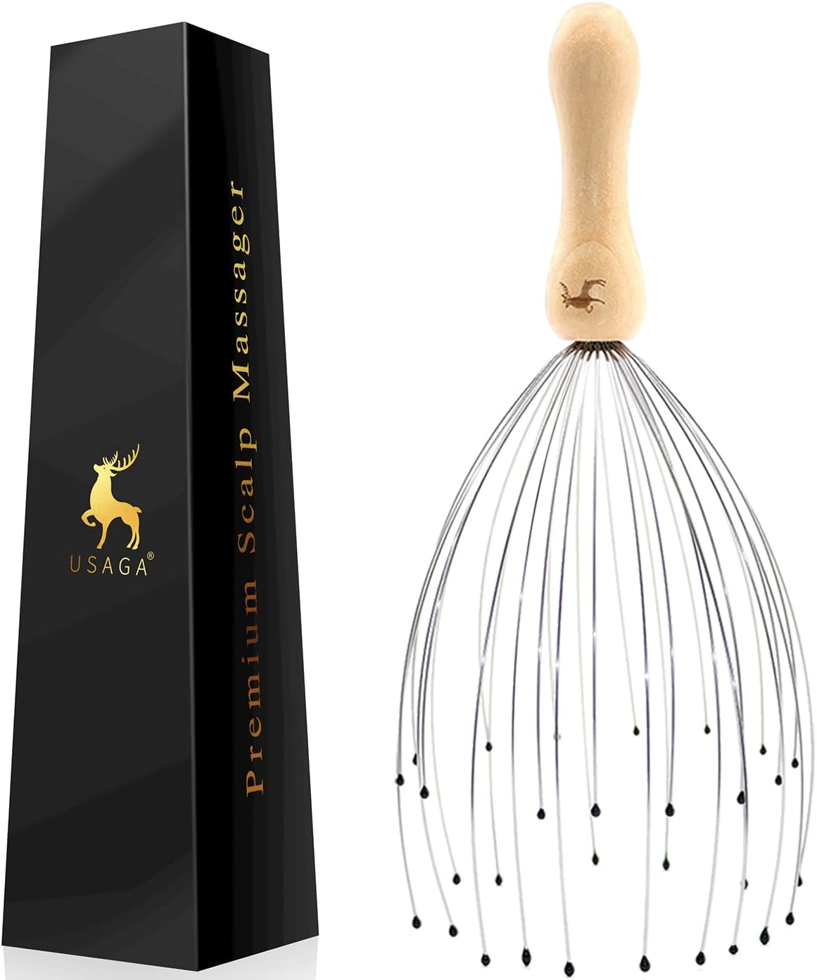 USAGA 32 Fingers Head Massager, Head Scratcher Scalp Massager for Scalp Body Relaxing Wood Handle (1 Pack)