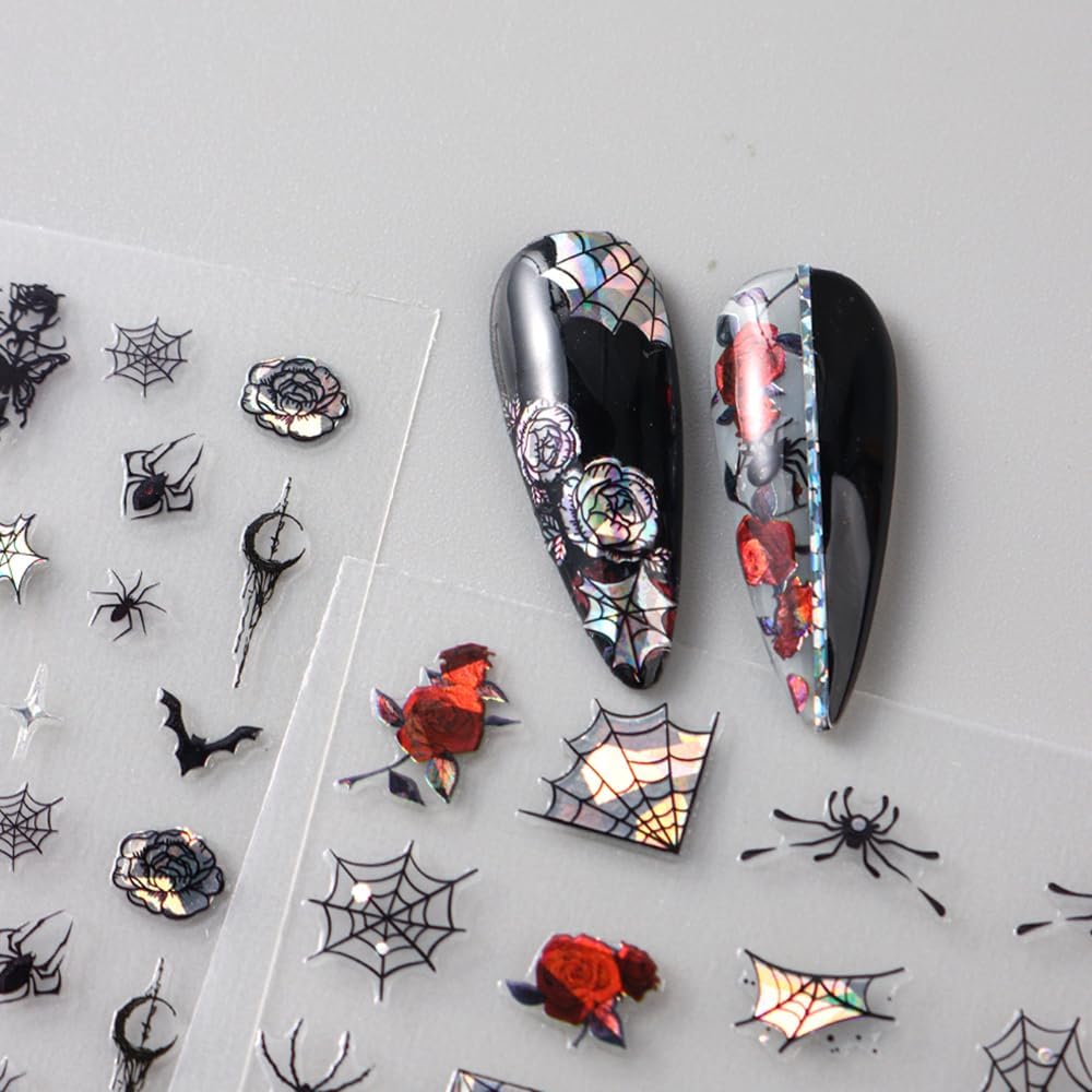 6 Sheets Halloween Nail Stickers Decals, 3D Spider Nail Sticker Decoration Self-Adhesive Colorful Red Rose Flowers Spider Web for Nails Stickers DIY Manicure Art Halloween Decoration