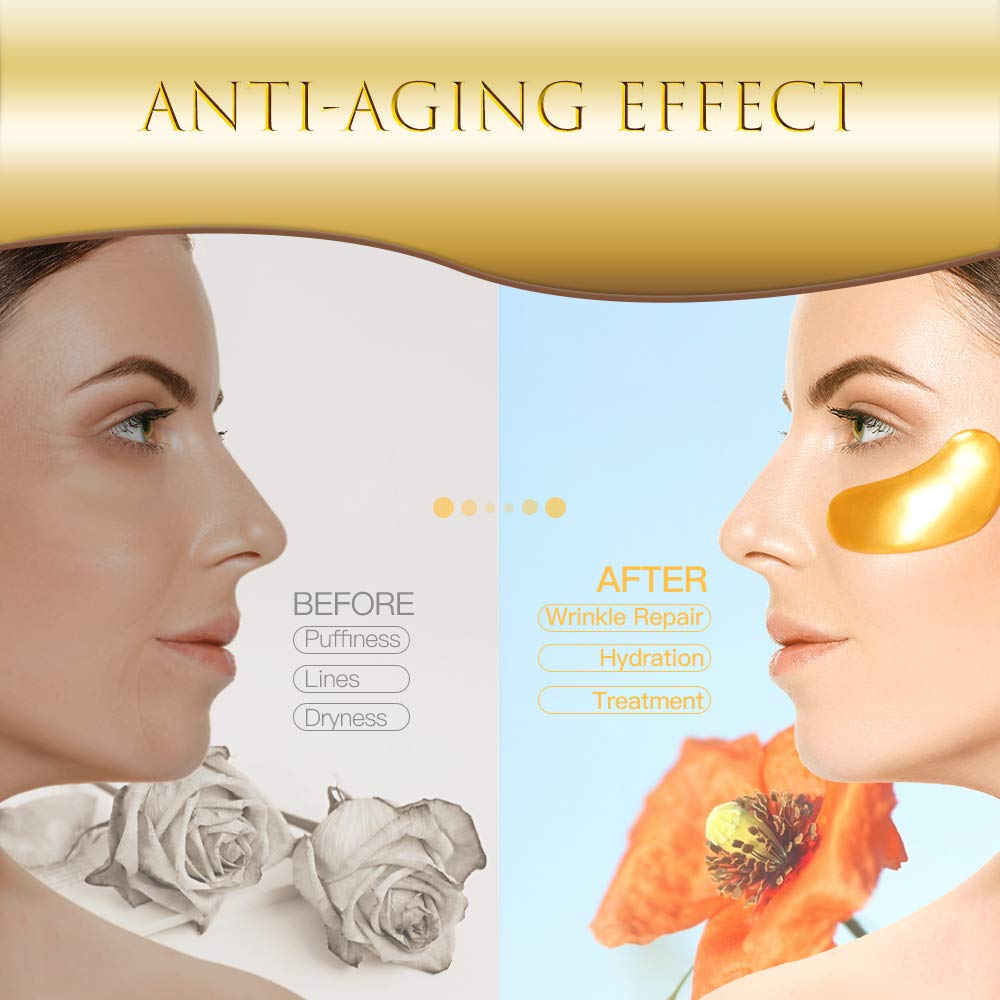 Eye Patches, Under Eye Mask, 24K Gold Eye Treatment Mask, Dark Circles Gel Pads, Under Eye Bags Treatment for Puffy Eyes, Anti-Wrinkle , 14 Pairs