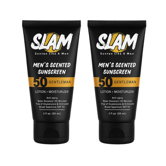 SLAM GentleMan Men's Sunscreen Lotion SPF 50 & Moisturizer – Face & Body Sunblock, Anti-Aging, Water-Resistant, Hawaii Act 104 Safe, Skincare for Men, Cologne Scented – 3 fl oz. each. Double pack. | alldaygood beauty