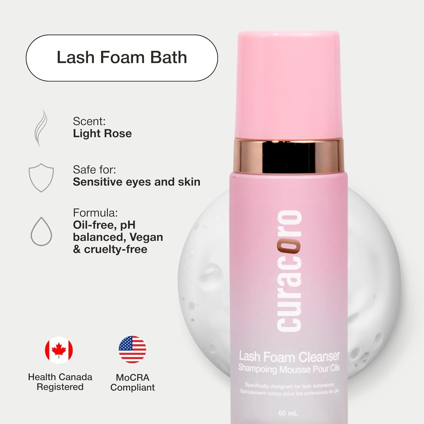 CURACORO 60ML Eyelash Extension Cleanser (Rose Scented) - Lash Shampoo for Lash Extensions, Eyelash Extension Foam Cleanser for Sensitive Skin, Removes Waterproof Makeup for Professional & Home Use