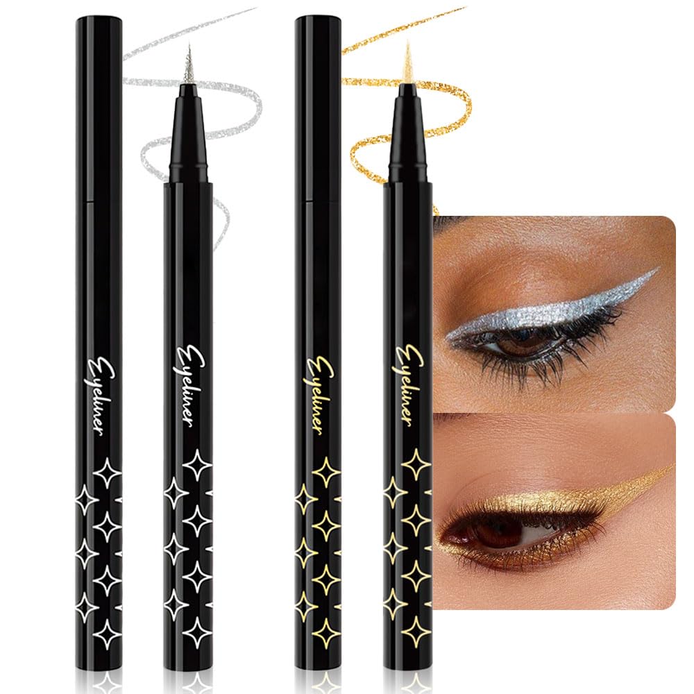 evpct 2Pcs Glitter Sparkling Shimmer Gold & Silver Liquid Eyeliner Makeup Pen Set, Metallic Satin Finish Colorful Colored Sparkle Eye Liner Pen Waterproof Smudge Proof Long Lasting High Pigmented