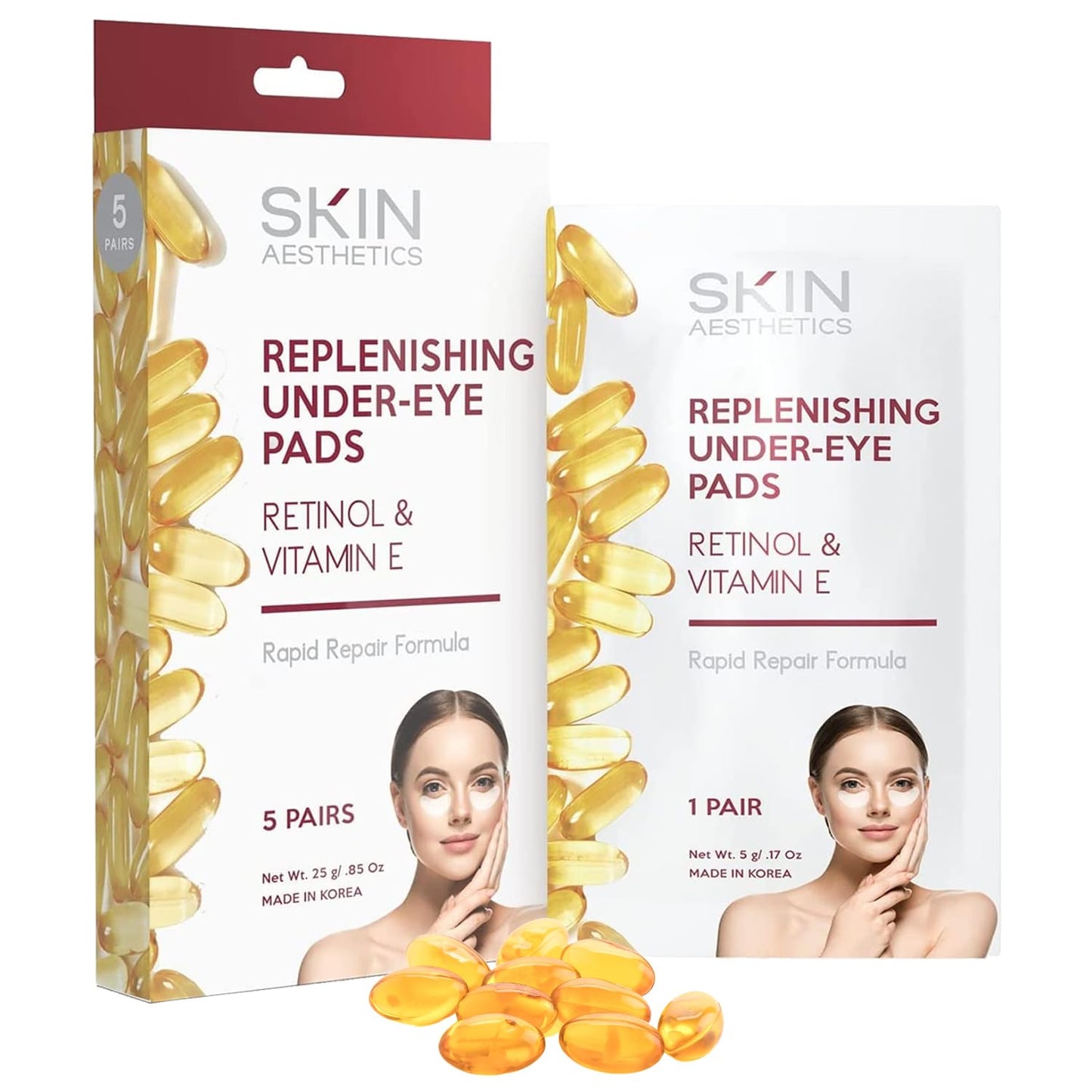 Retinol & Vitamin E Under Eye Patches - Reduces Wrinkles, Fine Lines & Eye Bags, Repairs Skin, Anti-aging Under Eye Pads - Cruelty Free Korean Skin Care For All Skin Types - 5 Pairs