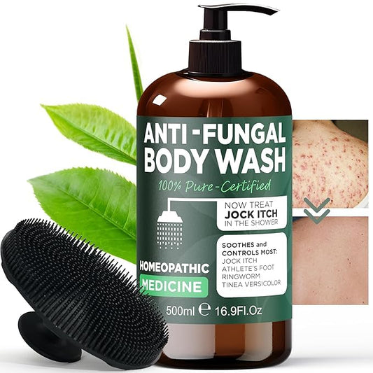 Antifungal Body Wash with Tea Tree Oil | Antibacterial Soap for Back Acne,Treats Ringworm, Eczema & Jock Itch | Antibacterial Body Soap For Men And Women | Includes Silicon Scrubber (16.9 oz)
