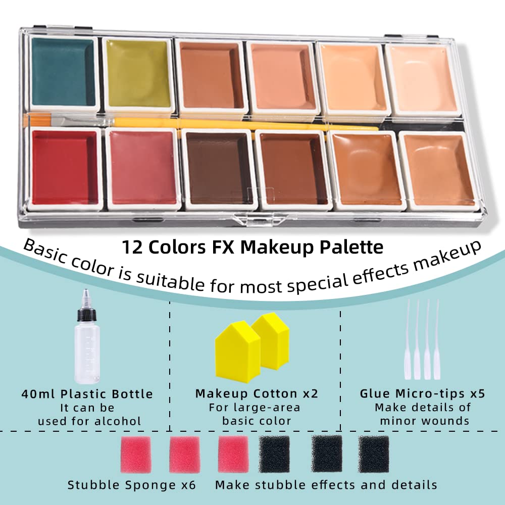Alcohol Activated Makeup Palette for FX Makeup with Makeup Egg Mimic Wound Sponge Cleaning accessories 12 Colors