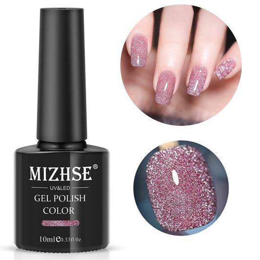 MIZHSE Diamond Gel Nail Polish, Reflective Glitter Pink Gel Polish, Sparkly Shiny Shimmer Nail Art Varnish Manicure, Soak Off LED Lamp, for Beginners DIY at Home | alldaygood beauty