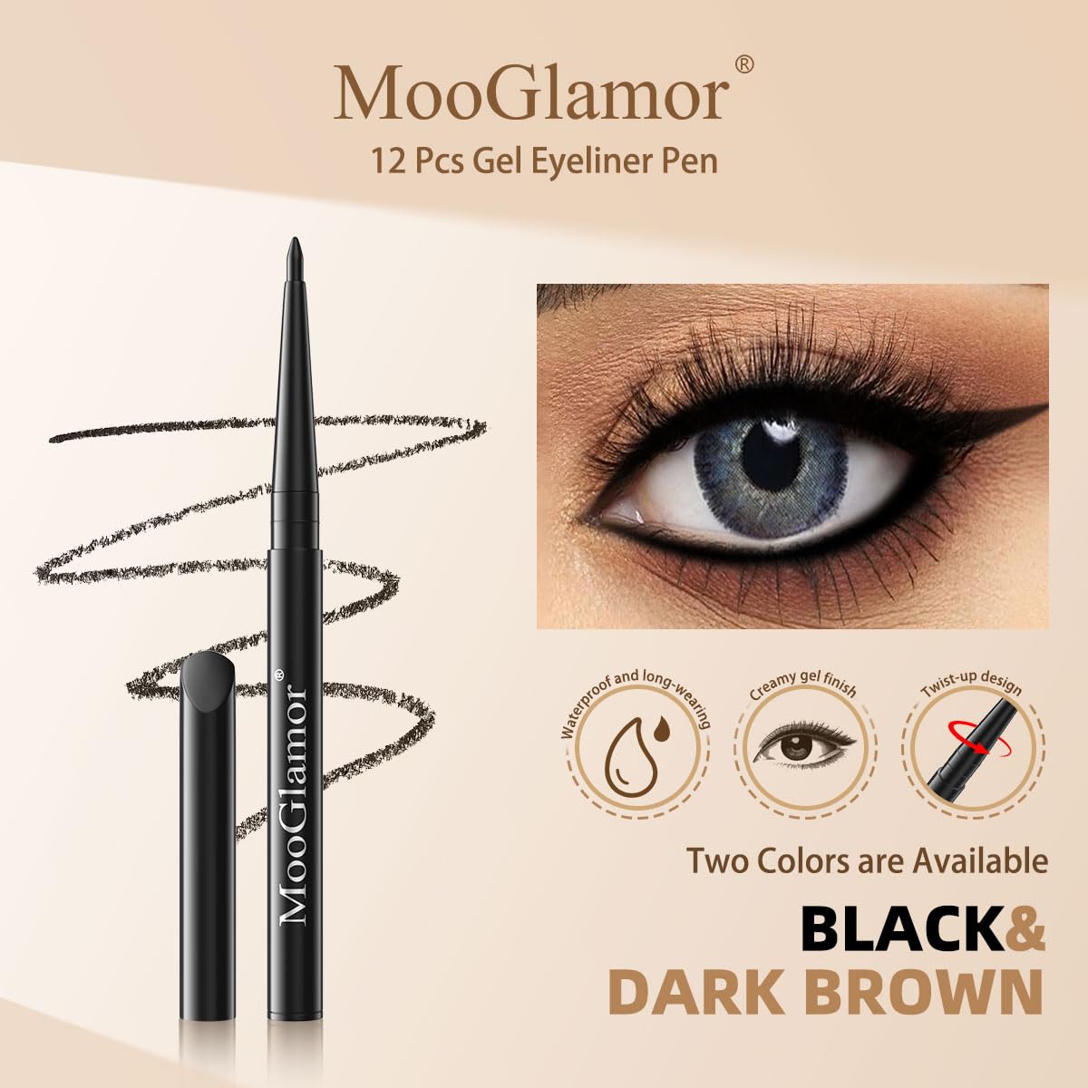 12 Pcs Black and Brown Eyeliner Pencil Gel Eyeliner Pen with Retractable and Waterproof Eye Liner for Bold and Defined Eye Liner (6 Black+6 Brown)