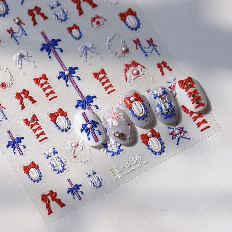 5D Embossed Bows Nail Stickers, Pearl Nail Art Sticker Self-Adhesive Nail Decals for Women Red and Blue Nail Supplies Art Design Stickers (1, Red and Blue)
