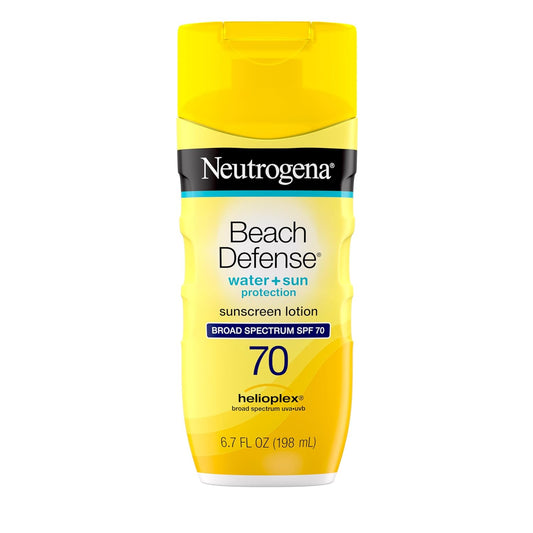 Neutrogena Sunscreen Lotion Beach Defense SPF 70, Face & Body Sunscreen, Broad Spectrum, Fast Absorbing, 6.7 Fl Oz, Water Resistant 80 Min, Oil-Free, Oxybenzone & Octinoxate Free | alldaygood beauty