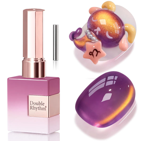 Double Rhythm Jelly Glass Cat Eye Gel Polish with Magnet 15ML Holographic Glitter Shimmer Translucent Sheer Color Magnetic Nail Polish Salon DIY at Home (Golden Purple-MC1254) | alldaygood beauty