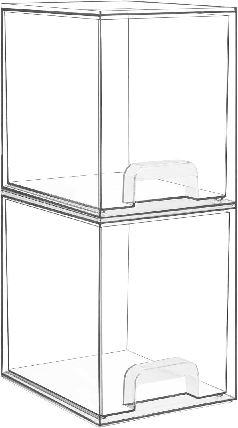 Vtopmart 7.6" H Clear Stackable Storage Drawers, 2 Pack Plastic Organizers Bins for Skincare, Cosmetics,Beauty Supplies,Ideal for Vanity, Bathroom,Kitchen Countertop,Cabinet Organization