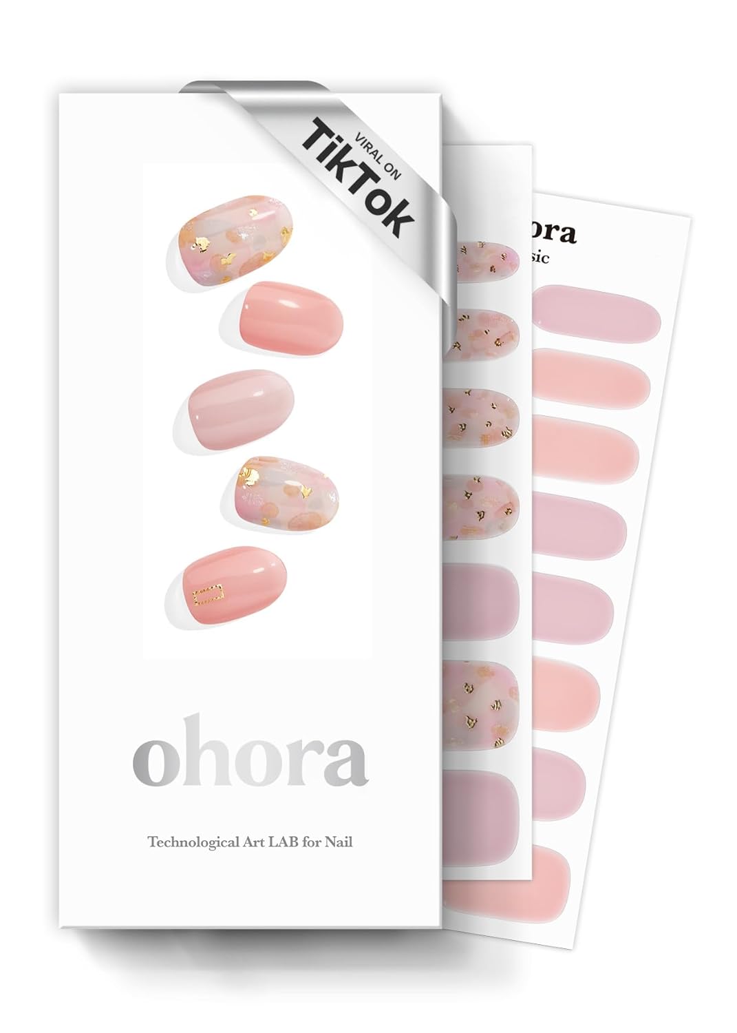 ohora Semi Cured Gel Nail Strips (N Lazy Sunday) - Pink, Patterned, Works with Any UV/LED Lamps, Salon-Quality, Long Lasting, Easy to Apply & Remove - Includes 2 Prep Pads, Nail File & Wooden Stick