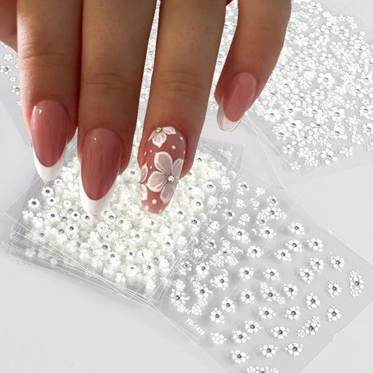 30 Sheets White Flower Nail Art Stickers, White Flower with Rhinestones Designs Nail Decals 3D Self Adhesive Nail Stickers Nail Art Supplies for Nails Decorations | alldaygood beauty