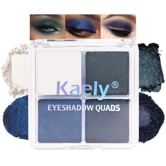 Kaely Powder Eyeshadow Quad, Blue Green Glitter Shimmer Eyeshadow Palette Makeup, Neutral Eye Shadow Palette for Older Women Pigmented Waterproof, sombras para ojos, Blendable, Cruelty-free, 08 | alldaygood beauty