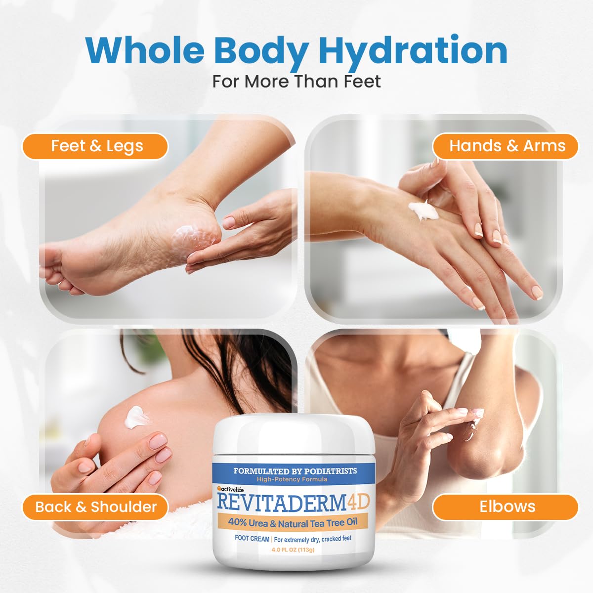 Revitaderm 4D Urea Cream 40% for Feet, Intensive Moisturizing Foot Cream for Dry, Rough, Callused Skin, Includes Free Pumice Stone and Exfoliating Brush, Fast-Absorbing, Fragrance-Free, 4oz, 2 Pack