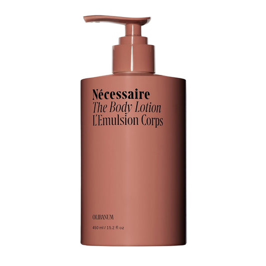 Nécessaire The Body Lotion with Pump. Olibanum. Multi-Peptide Firming to Moisturize + Strengthen. 2.5% Niacinamide, Vitamin C/E + Omega 6/9. Notes of Vanilla, Fig Leaf, & Cassis Buds. 450ml/15.2 fl oz | alldaygood beauty