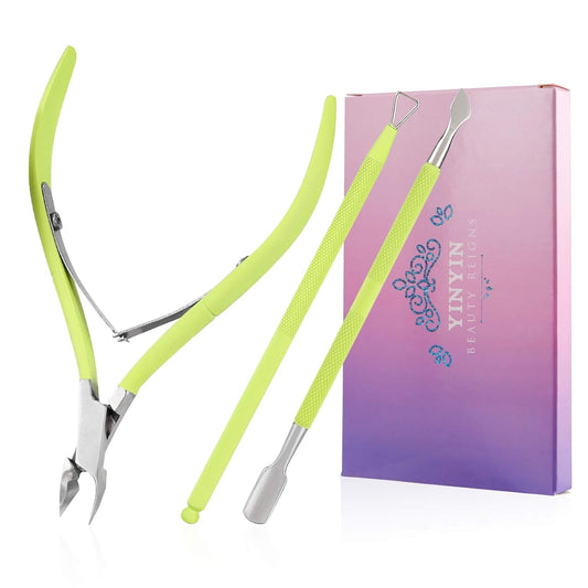 YINYIN Professional Cuticle Trimmer with Pusher and Cutter - Stainless Steel Cuticle Clippers for Fingernails and Toenails (Green)