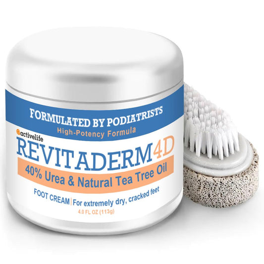 Revitaderm 4D Urea Cream 40% for Feet, Intensive Moisturizing Foot Cream for Dry, Rough, Callused Skin, Includes Free Pumice Stone and Exfoliating Brush, Fast-Absorbing, Fragrance-Free, 4oz, 1 Pack | alldaygood beauty