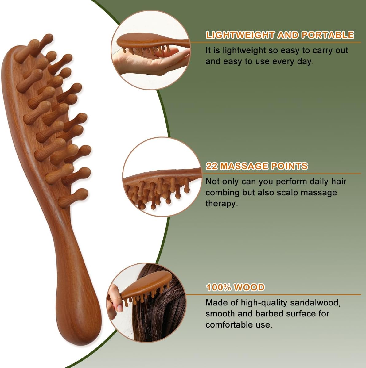 Wooden Scalp Massage Comb - Sandalwood Head Massager Tool, Gua Sha Brush for Women Men Hair Growth
