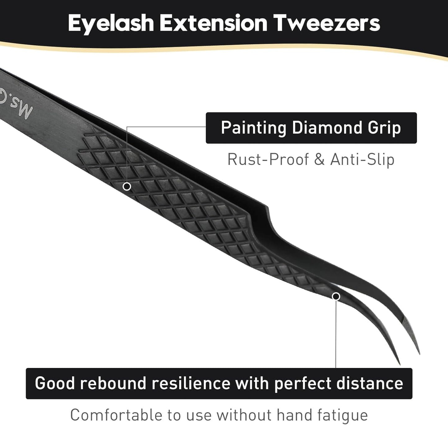 Ms.Queen Eyelash Extension Tweezers,Microfiber Tip Curved Lash Tweezers for Volume, Isolation& Classic Lashes Extensions,Black