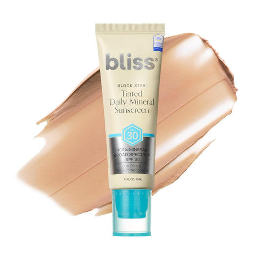 Bliss Block Star SPF 30 Daily Tinted Mineral Sunscreen with Zinc Oxide - All Skin Tones - 100% Mineral Broad Spectrum Sunscreen with Titanium Dioxide & Antioxidant Blend- 1.4 fl oz. | alldaygood beauty