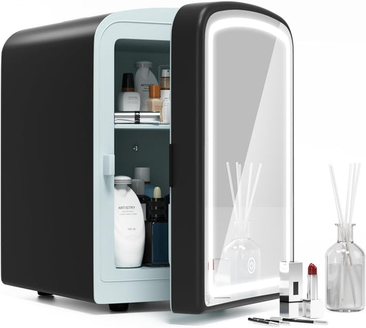 Mini Fridge for Skin Care, 4 Liter Portable Small Fridge with Dimmable LED Mirror, Hot or Cold Personal Beauty Refrigerator for Bedroom, Office, Car, Makeup(BLACK)