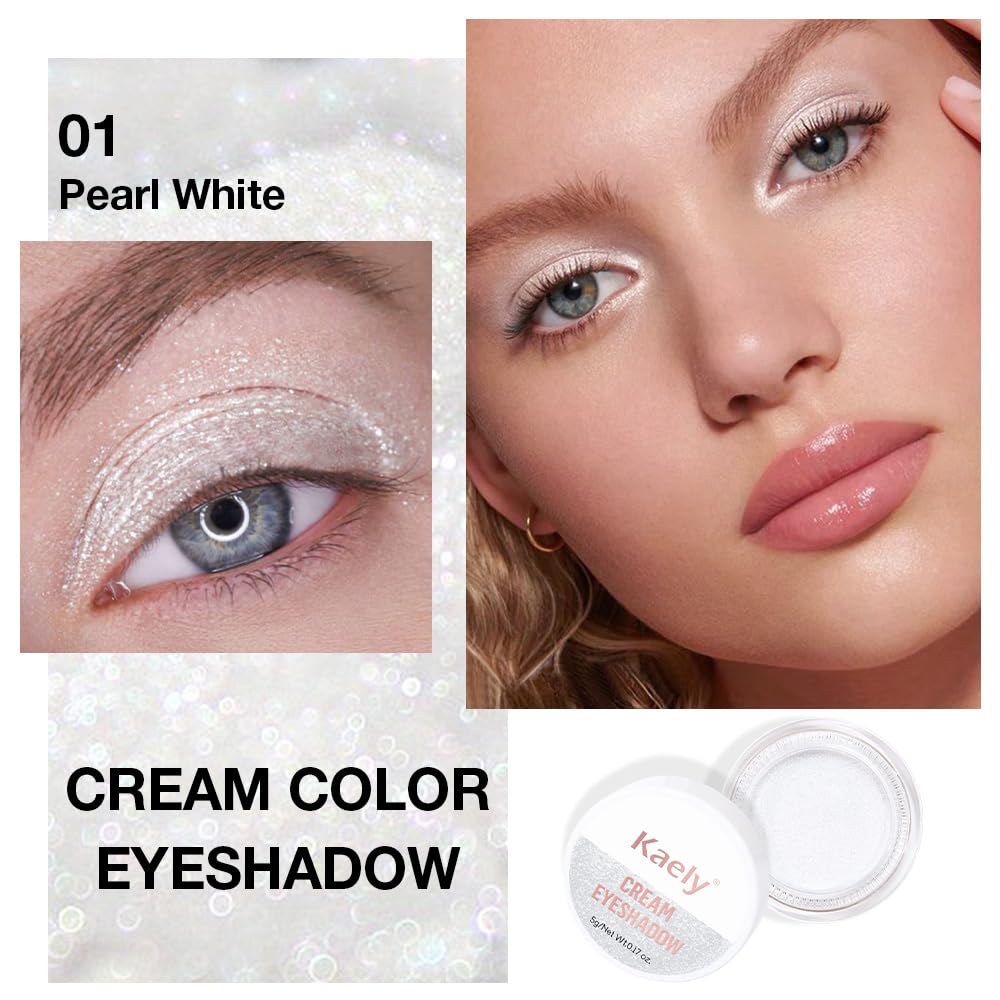 evpct Single Cream Eye Shadow Palette Pot Makeup for Older Women, Pearl White Sparkle Shimmer Glitter Metallic Monochrome Cream to Powder Eyeshadow Palette Eye Brightener, High Pigment Waterproof