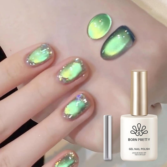 Born Pretty Cat Magnetic Gel Nail Polish, Green Gel Polish Crystal Cat Holographic Magnetic Nail Polish Nail Art Manicure Salon DIY at Home 15ML | alldaygood beauty