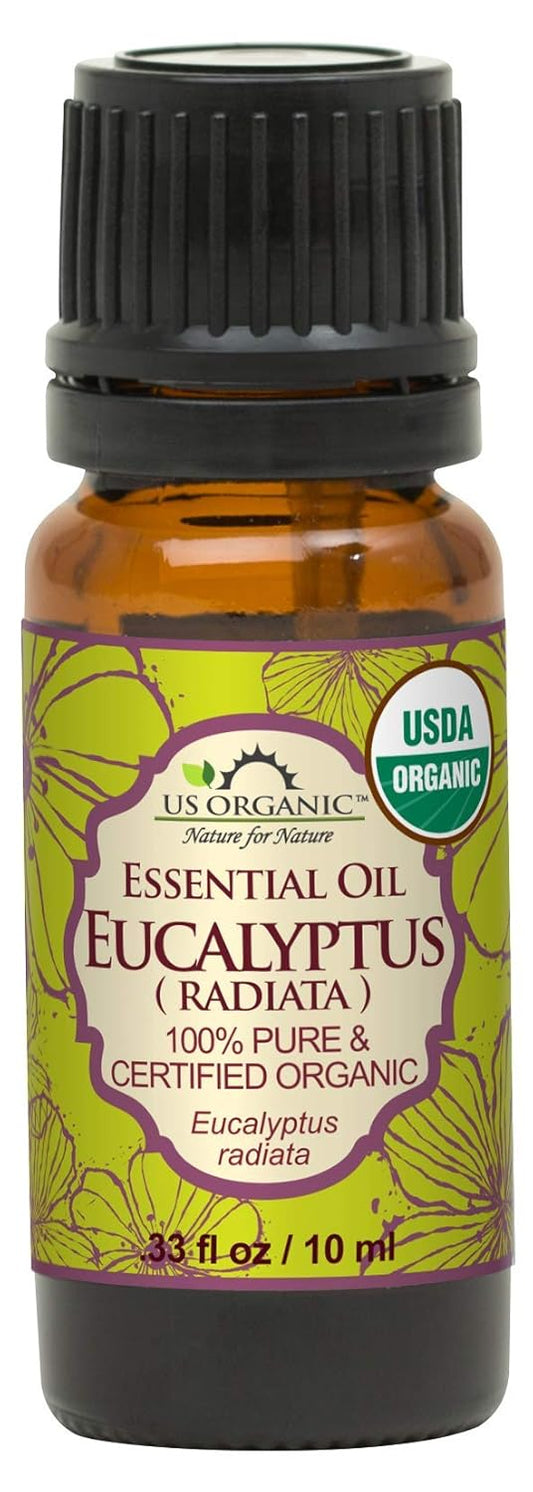 US Organic 100% Pure Eucalyptus Essential Oil (Radiata) - USDA Certified Organic, Steam Distilled - W/Euro droppers (More Size Variations Available) (10 ml / .33 fl oz) | alldaygood beauty