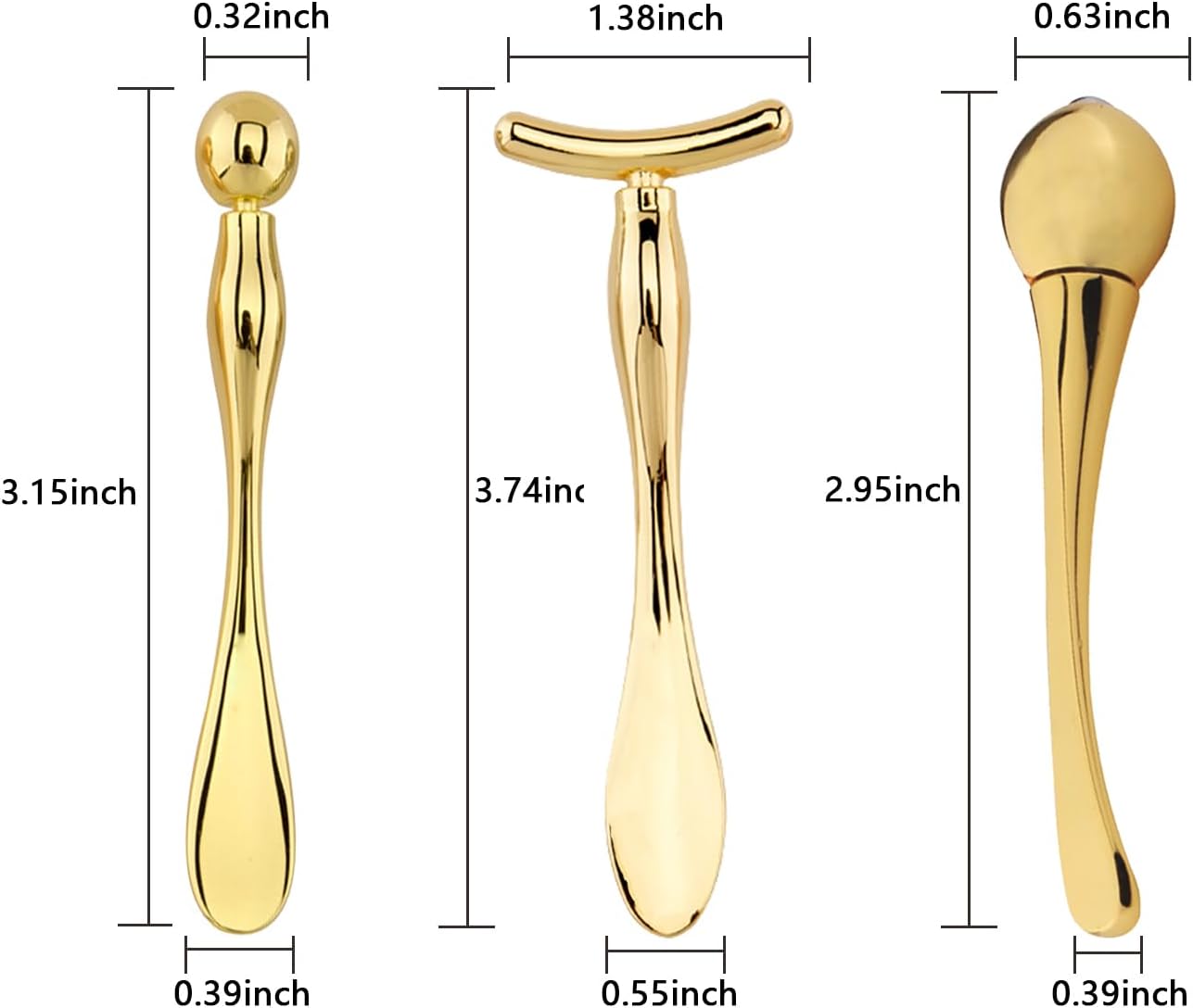 BetterJonny 3Pcs Metal Eye Cream Applicator Roller Wand Stick, Cosmetics Spoon Eye Cream Massager Wand Girls Women Facial Massager for Fatigue Relief Reduce Puffiness (Gold)