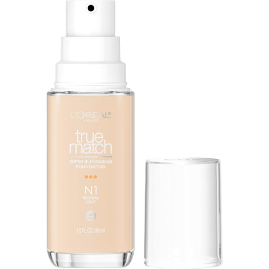 L'Oreal Paris True Match Super-Blendable Foundation, Medium Coverage Liquid Foundation Makeup, N1, Light, 1 Fl Oz | alldaygood beauty