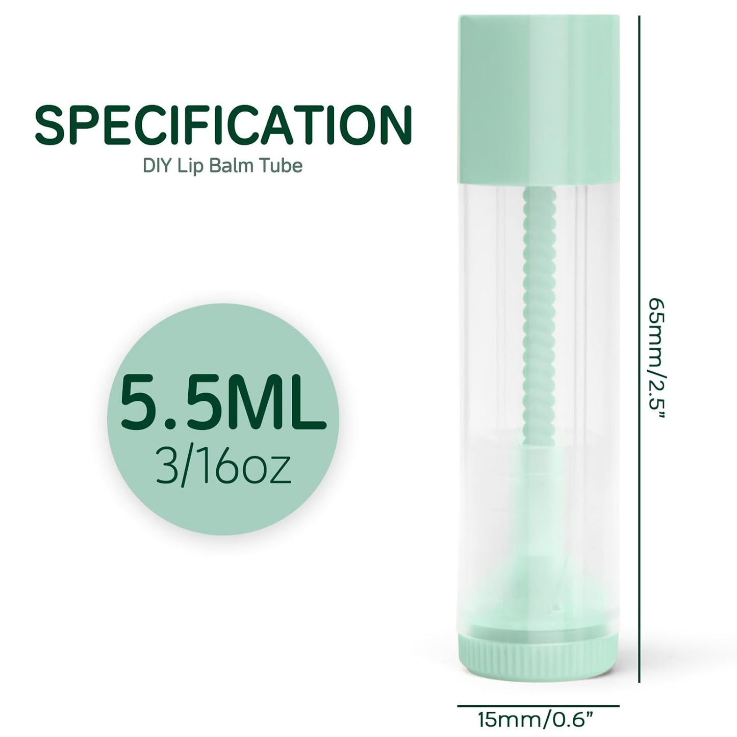 JuLand 50 Pack Empty Lip Balm Containers Bulk 5.5ml - Clear Twist-Up Tubes with Green Caps, Refillable Chapstick Tube for DIY Lip Balm Making