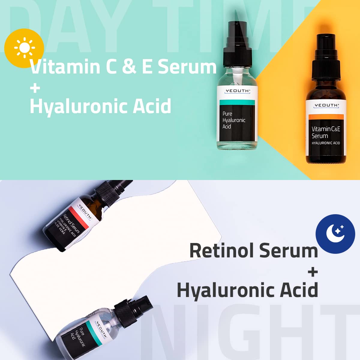 YEOUTH Retinol Serum for Face, Vitamin C Serum for Face with Hyaluronic Acid Serum for Face, Retinol for Face Serum, Vitamin C Face Serum for Women, Skin Care Set 3x1 oz