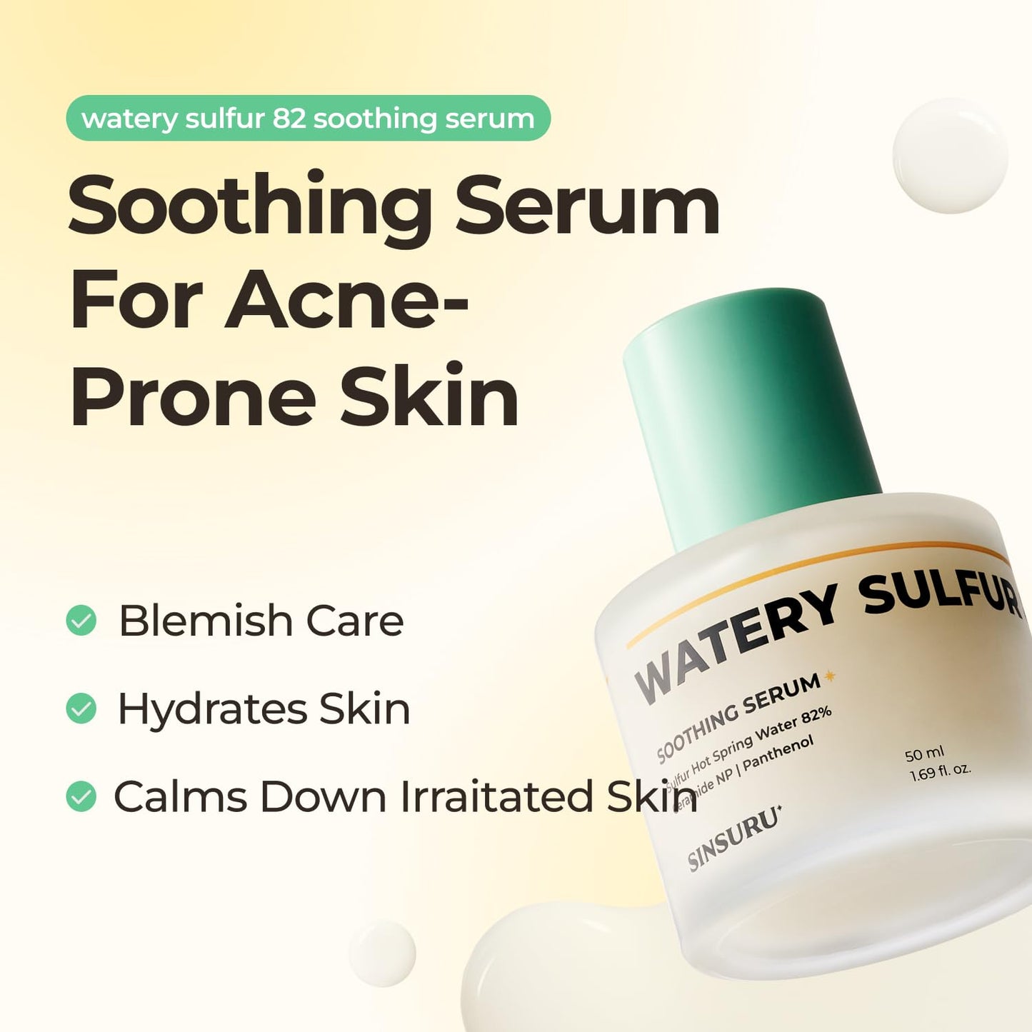 Watery Sulfur 82 Soothing Serum – Gentle Daily Face Serum for Acne-Prone & Sensitive Skin with 82% Sulfur Hot Spring Water, Fragrance-Free Formula | Korean Skincare (1.69 fl.oz / 50ml)