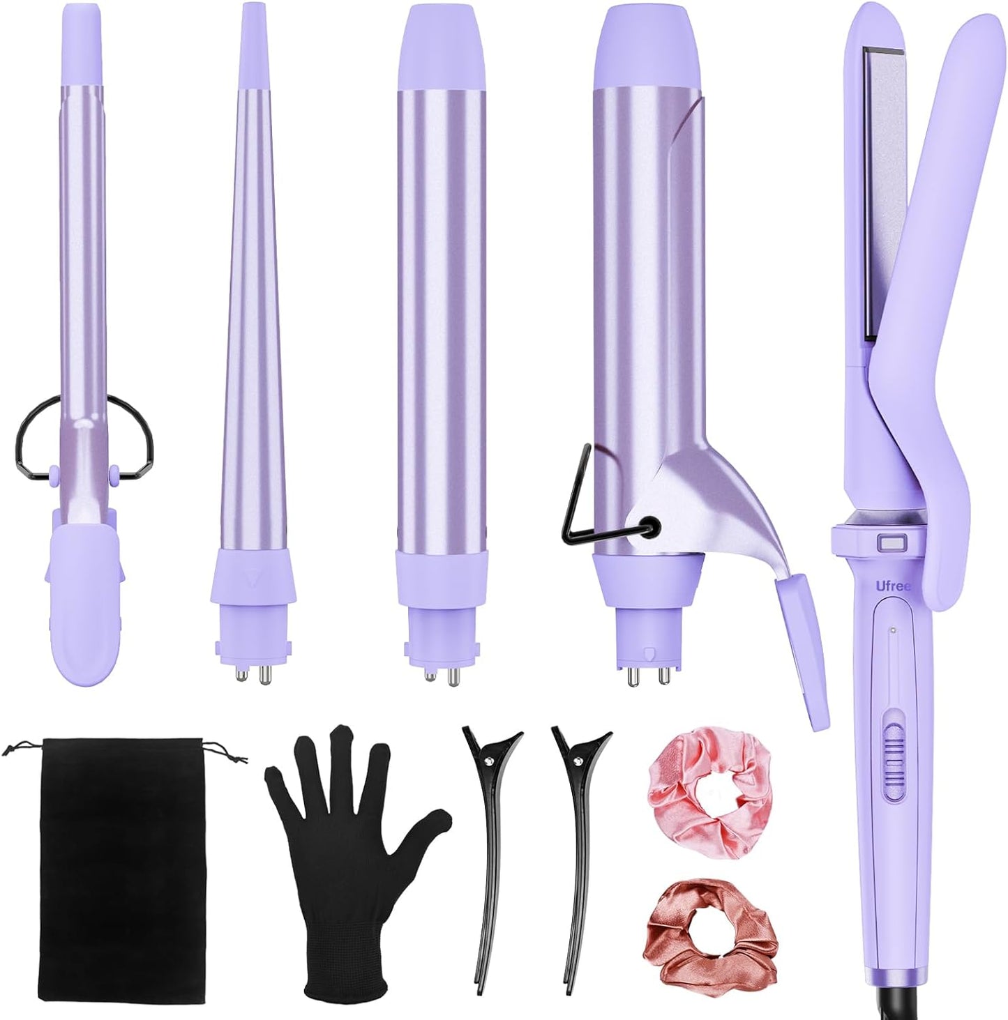 Birthday Gifts for Women, Ufree 5 in 1 Curling Iron with Interchangeable Ceramic Barrels (0.35"-1.25"), Curling Wand Set with Flat Iron Hair Straightener, Instant Heat Up, Dual Voltage Hair Curler