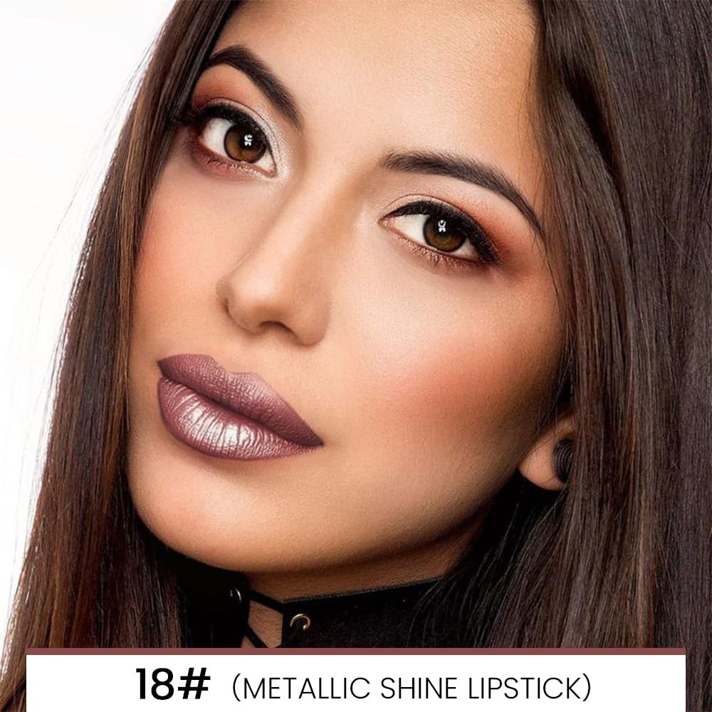 Kaely 2-in-1 Nude Brown Metallic Shine Shimmer Lip Liner & Lipstick Combo Set Kit for Women, Lightweight Hydrating Formula High Impact Full Coverage Lipstick and Lip Liner Makeup Gloss 18