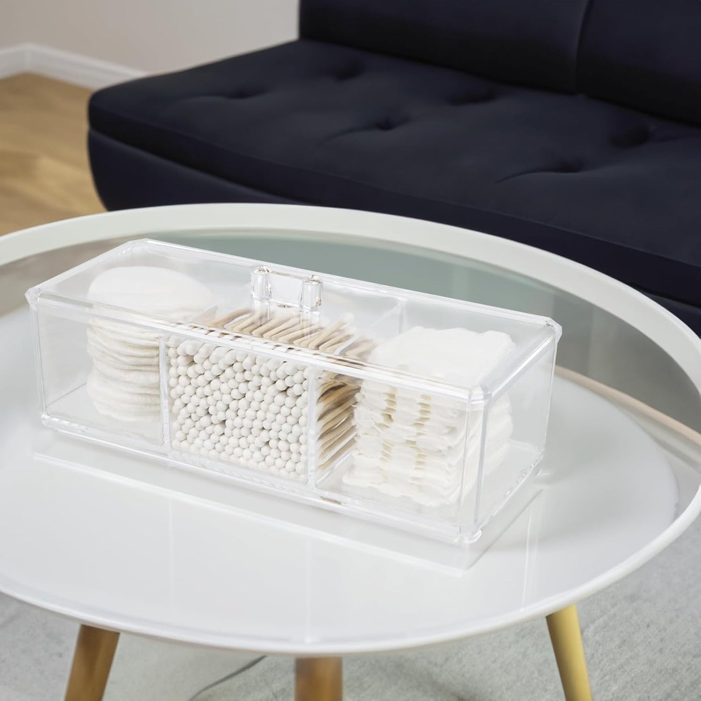 Clear Bathroom Dresser Organizer - Cotton Ball Swab Holder with 3 Divided Compartments&Lid, , Waterproof Transparent Small Plastic Storage Containers, Vanity Makeup Organization