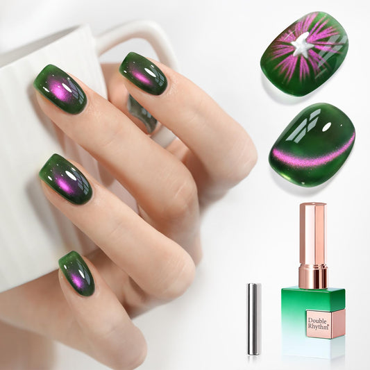 Double Rhythm 0.5 OZ Cat Eye Gel Polish with Magnet 15ML Holographic Glitter Shimmer Translucent Jelly Color Magnetic Nail Polish Salon DIY at Home (Green Pink-MC1260) | alldaygood beauty