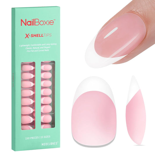 modelones French Tip Press on Nails, 150Pcs Short Almond Fake Nails with Nail Box, Pink Gel Nail Tips for Women, Soft Glue-On Nails for Natural Salon Look, DIY Nail Art Kit (15 Sizes) | alldaygood beauty