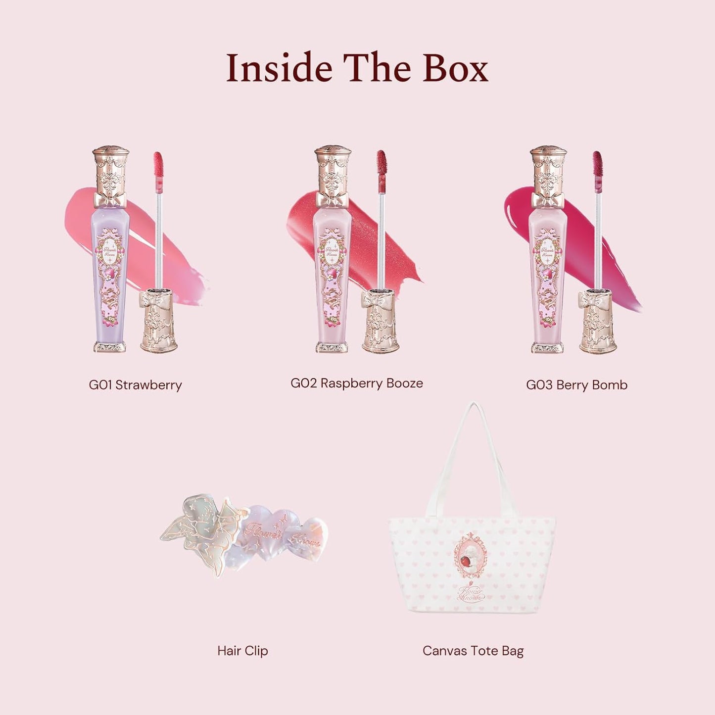 Flower Knows Violet Strawberry Rococo Glowy Lip Gloss 3-Piece Set,G01+G02+G03 with Canvas Tote Bag & Hair Clip,Moisturizing Lip Oil,Hydrating Lip Plumper Makeup for Girls & Women