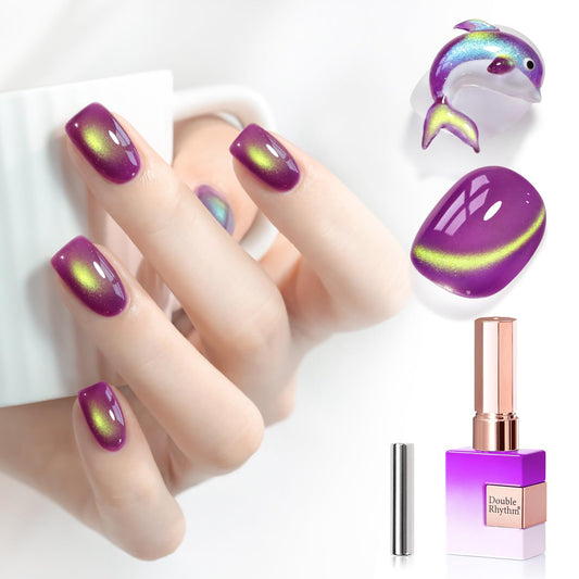Double Rhythm 0.5 OZ Cat Eye Gel Polish with Magnet 15ML Holographic Glitter Shimmer Translucent Jelly Color Magnetic Nail Polish Salon DIY at Home (Golden Purple-MC1257) | alldaygood beauty