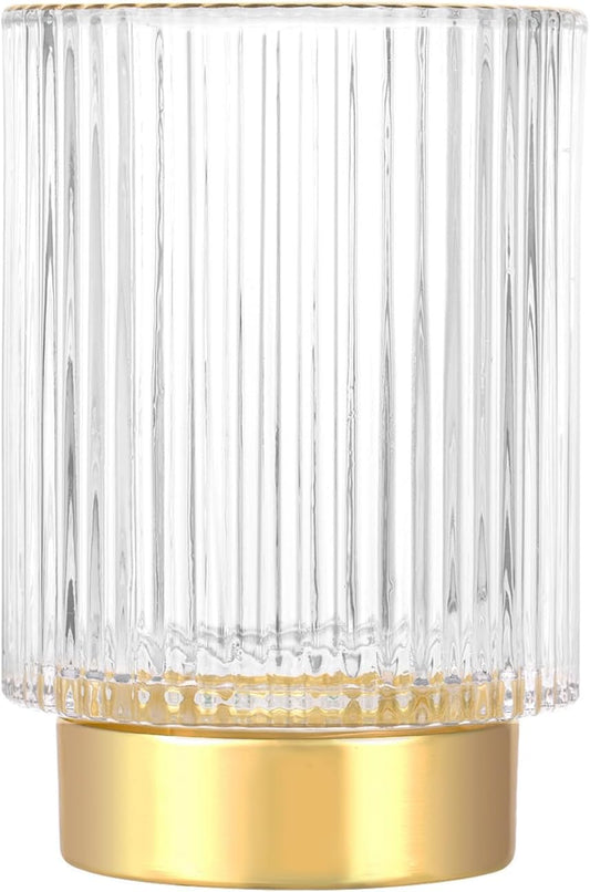 DASITON Makeup Brush holder Organizer,Crystal Cosmetic Makeup Brush Glass Brushes Storage Holder, Vintage Make Up Brush Cup Pen Pencil Holder striped vase(Clear L)