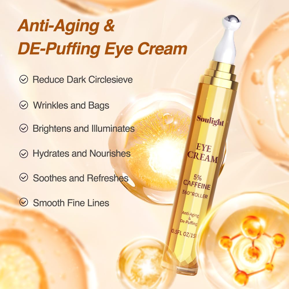 5% Caffeine Eye Serum Anti Aging, Eye Cream Reduce Dark Circles, Puffiness, Fine Lines, Wrinkles, Hyaluronic Acid Niacinamide Eye Moisturizer with 360° Massage Ball, Eye Balm for Men& Women