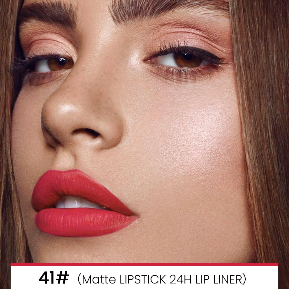evpct 1Pcs Red Velvet Matte Lip Liner and Lipstick Combo Set Kit for Women, Lovely Sexy Rose Red Magic 24 Hours Lipstick and Lip Liner Gloss Stain Makeup Set Long Lasting Waterproof 24 labial, 41#