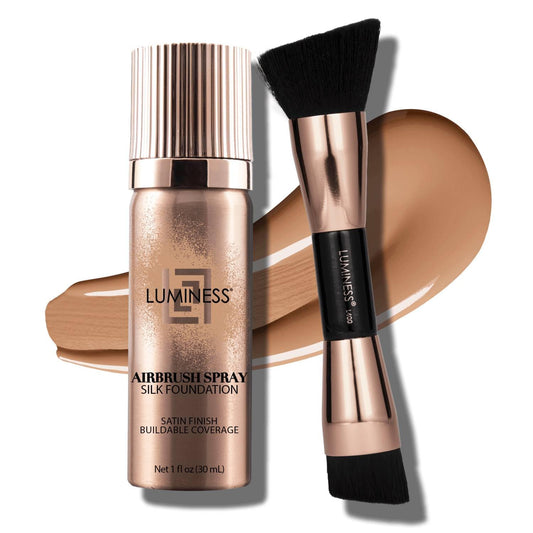 LUMINESS Silk Airbrush Spray Foundation 2-PC Kit - Foundation & Dual-Sided Angled Makeup Brush - Buildable Coverage, Anti-Aging Formula, Humidity Resistant, Hydrates & Moisturizes, Warm | alldaygood beauty